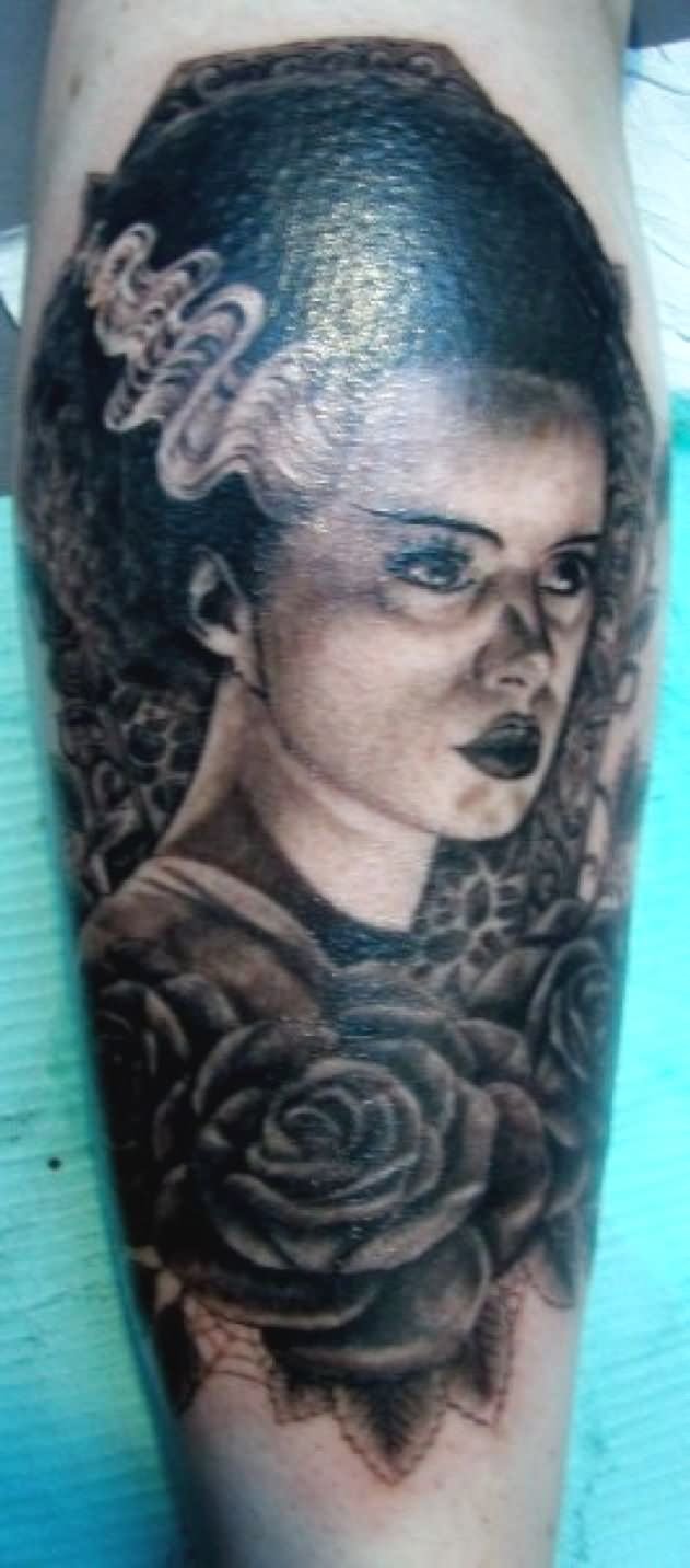 Black Ink Frankenstein Bride Tattoo Design For Sleeve