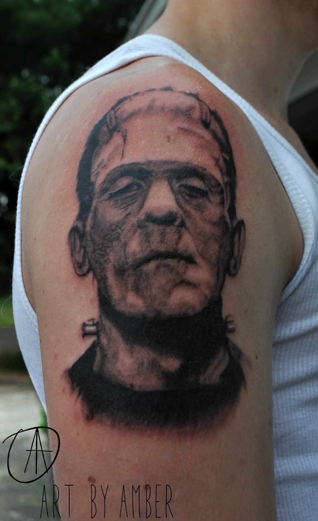 Black Ink Frankenstein Head Tattoo On Right Shoulder By Amber Beverly Ayne