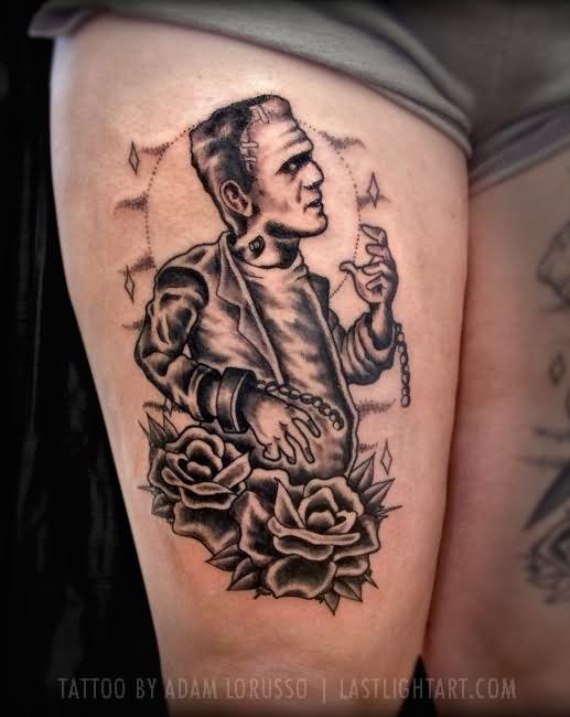 Black Ink Frankenstein With Roses Tattoo On Right Thigh By Adam Lorusso