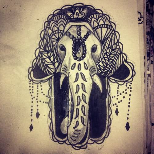 Black Ink Hamsa Elephant Tattoo Design