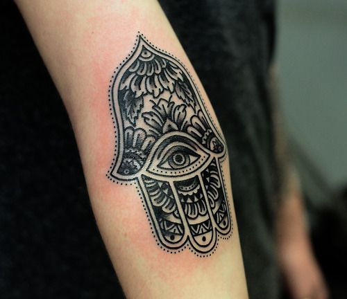 Black Ink Hamsa Tattoo Design For Forearm By Reba