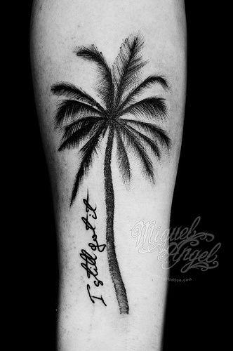 Black Ink Palm Tree Tattoo On Forearm