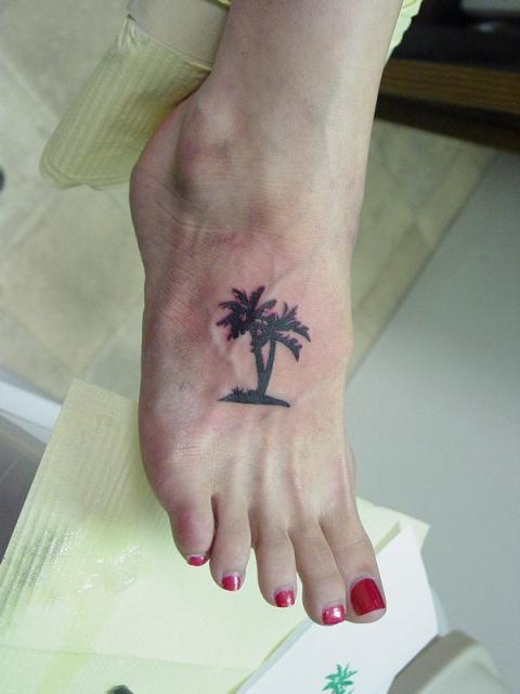Black Ink Palm Tree Tattoo On Girl Right Foot