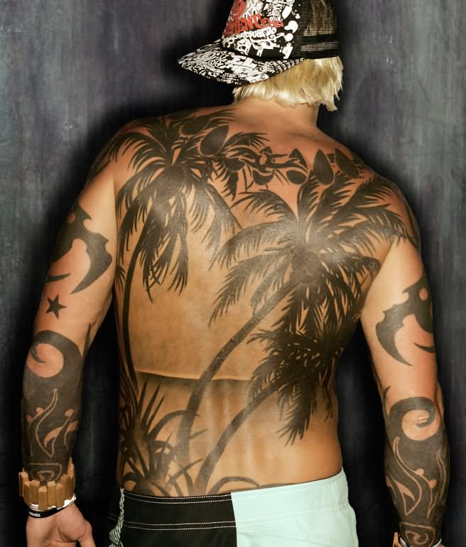 Black Ink Palm Tree Tattoos On Both Sleeve