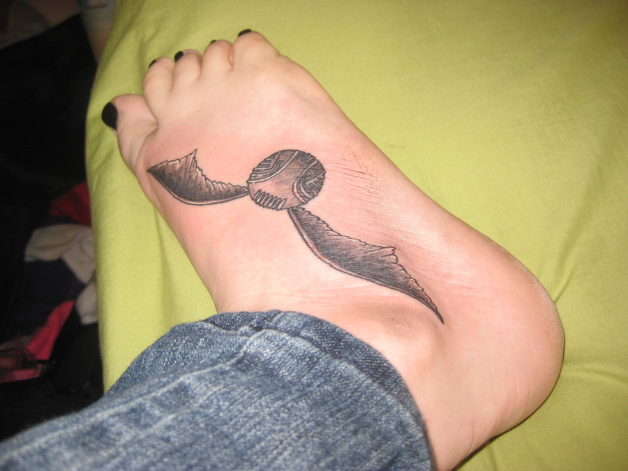 Black Ink Snitch Tattoo On Girl Right Foot By Lindsey