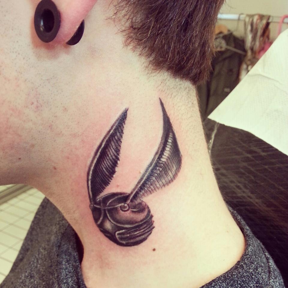 Black Ink Snitch Tattoo On Man Side Neck By Christopher Gray