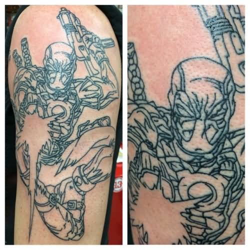 Black Outline Deadpool Tattoo Design For Half Sleeve