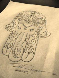 Black Outline Elephant Hamsa Tattoo Design