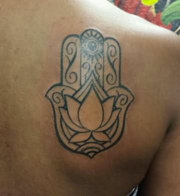 Black Outline Lotus Hamsa Tattoo On Right Back Shoulder By Chris Jacobs