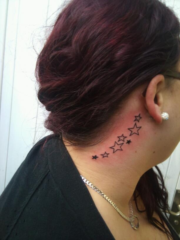 Black Outline Stars Tattoo On Women Behind The Ear