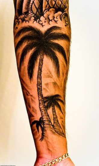 Black Palm Tree Tattoo On Left Forearm