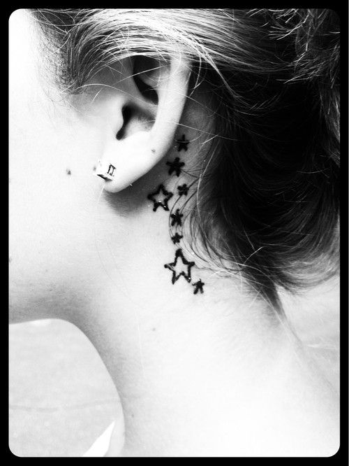 Black Stars Tattoo On Girl Left Behind The Ear