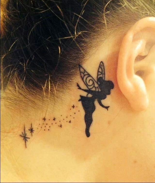 Black Tinkerbell Tattoo On Right Behind The Ear