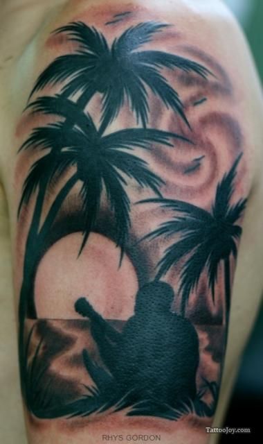 Black and Grey Palm Tree Sunset Tattoo On Left Half Sleeve