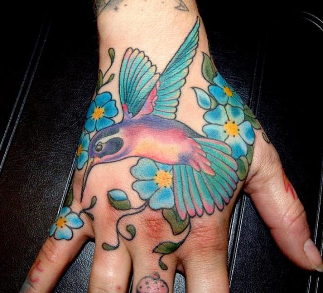 Blue Flowers And Colibri Tattoo On Right Hand