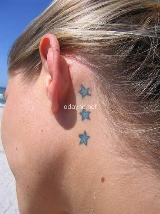 Blue Ink Stars Tattoo On Girl Left Behind The Ear
