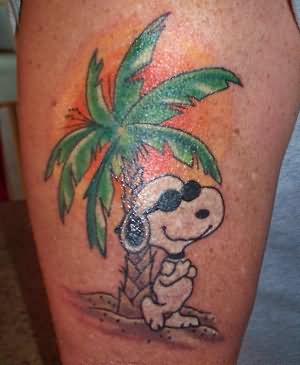 Cartoon Dog And Palm Tree Tattoo On Right Half Sleeve