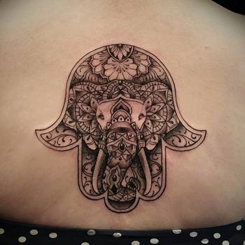 Classic Black Ink Elephant Hamsa Tattoo Design By Karen