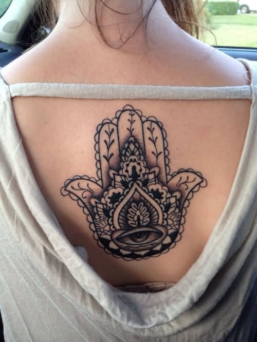 Classic Black Ink Hamsa Tattoo On Girl Upper Back