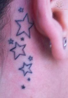 Classic Black Outline Stars Tattoo On Right Behind The Ear