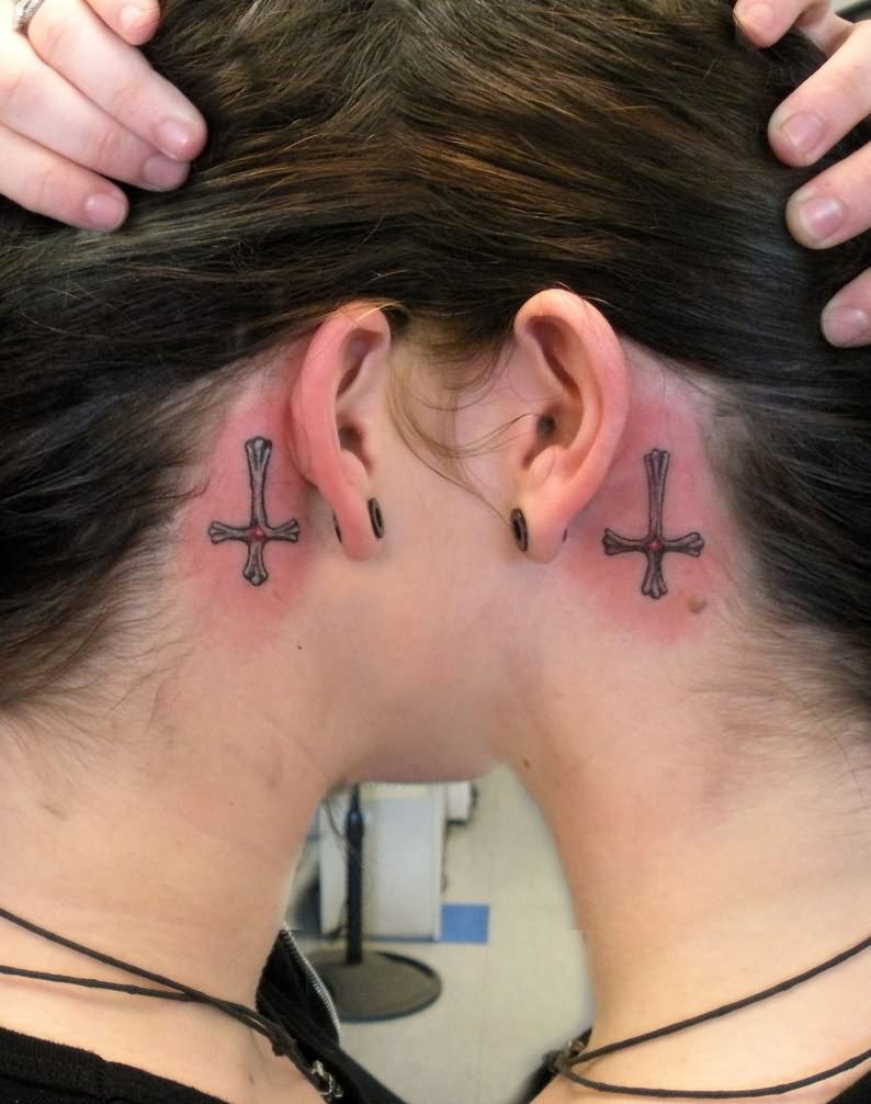 Classic Cross Tattoo Design For Behind The Ear