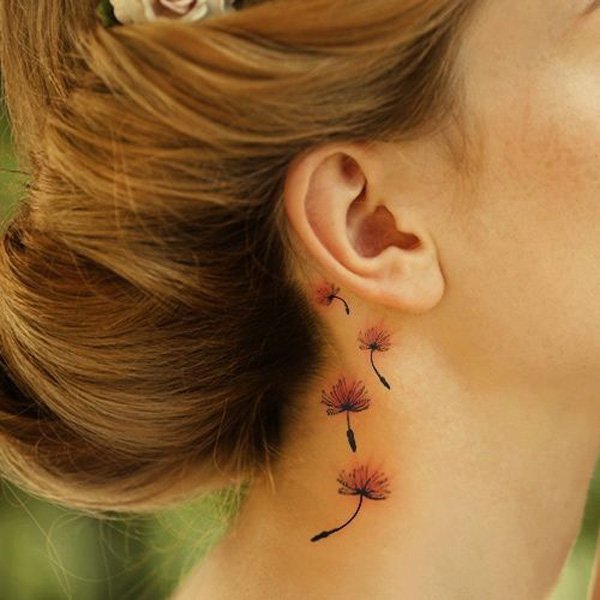 Classic Dandelions Tattoo On Girl Right Behind The Ear