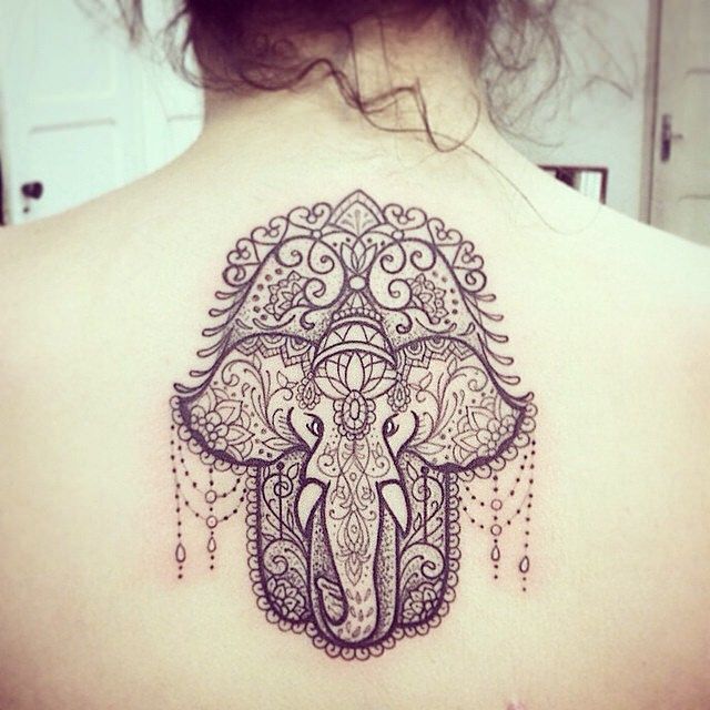 Classic Hamsa Elephant Tattoo On Girl Upper Back