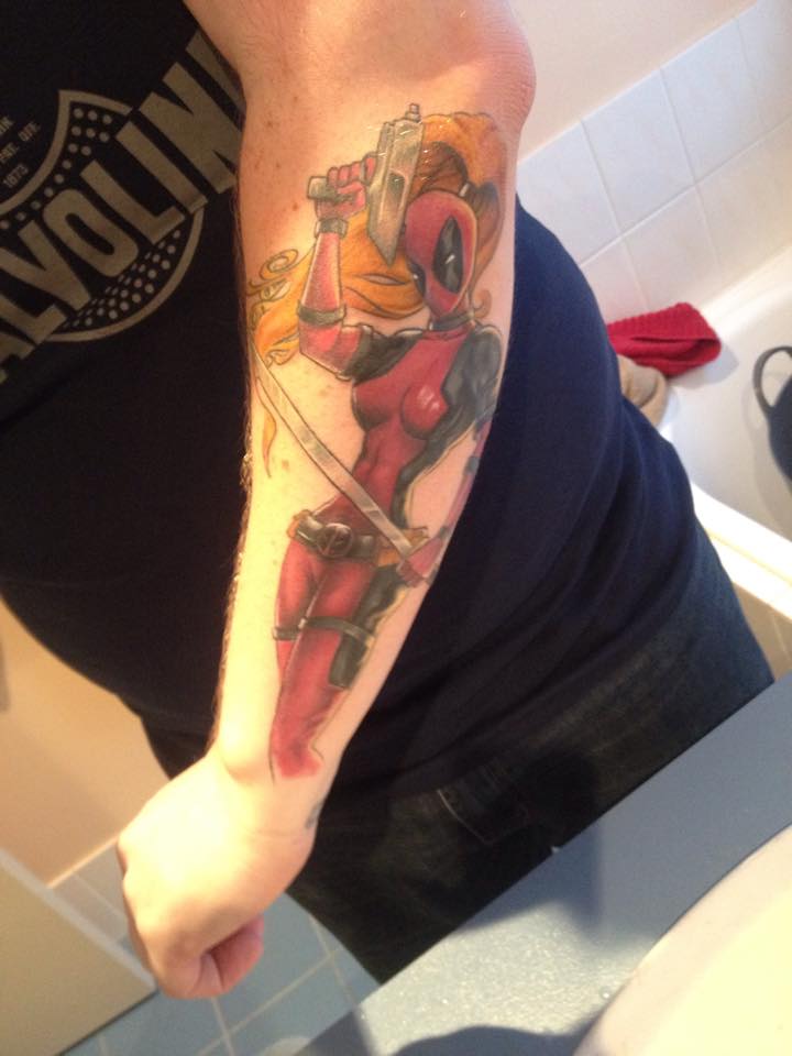 Classic Lady Deadpool Tattoo On Left Arm