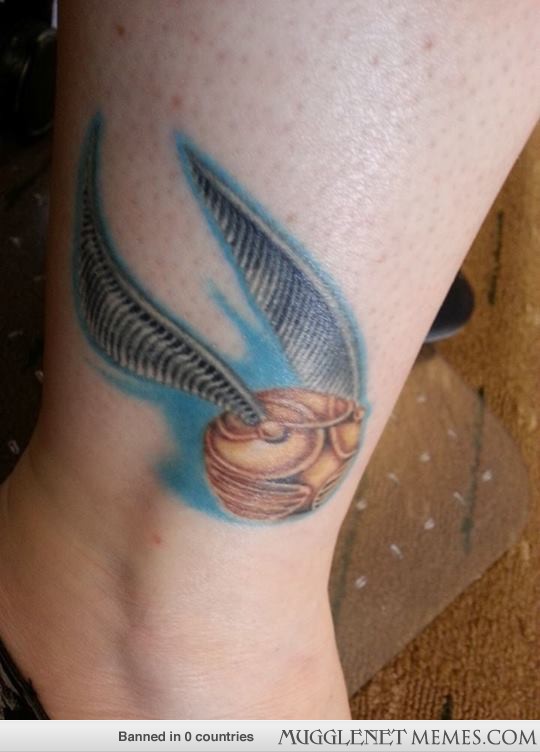 Classic Snitch Tattoo On Right Leg By Kerri
