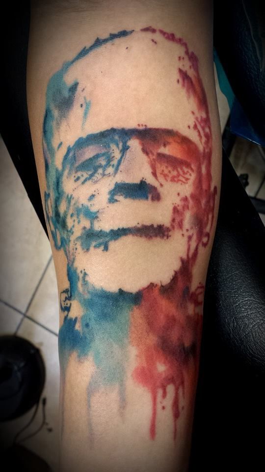Classic Watercolor Frankenstein Head Tattoo On Sleeve