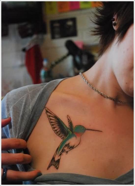 Colibri Tattoo On Girl Front Shoulder