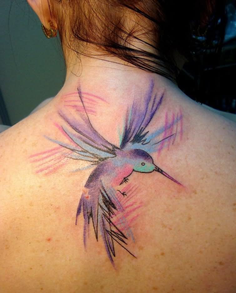 Colibri Tattoo On Girl Upper Back