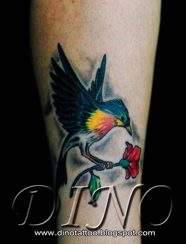 Colibri With Flower Tattoo by Dino Tattoo