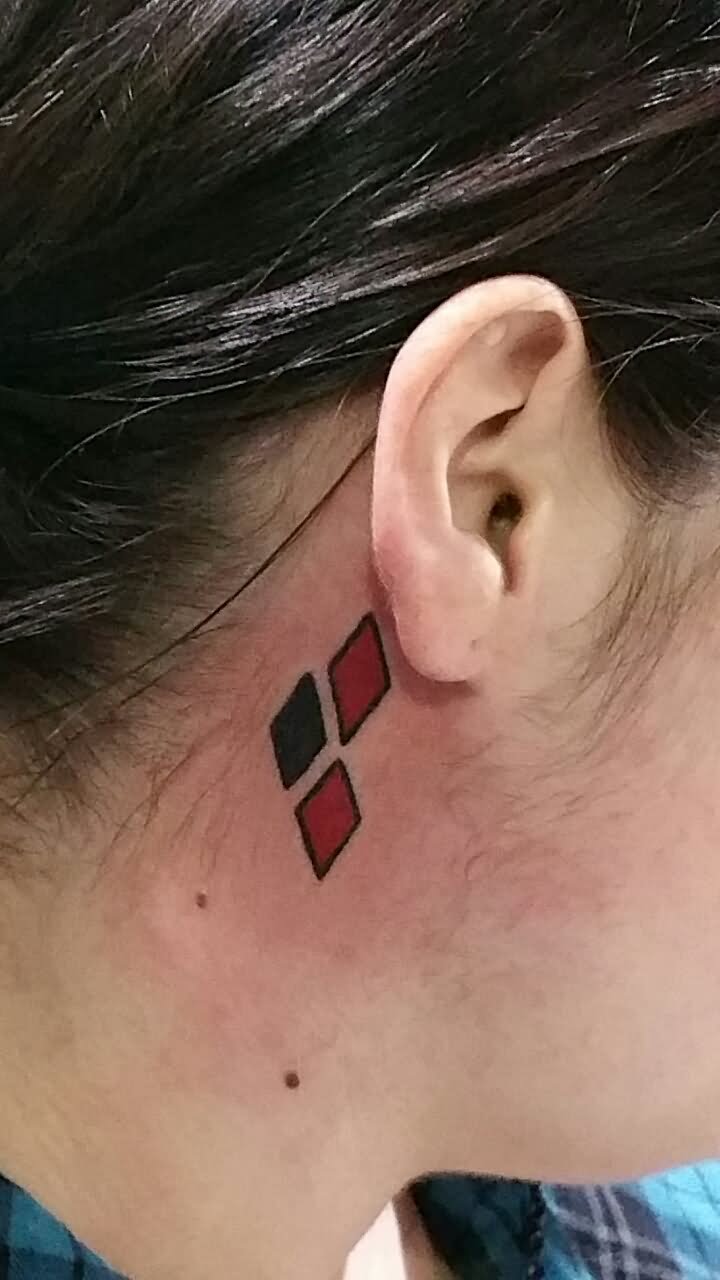 Color Harley Quinn Symbol Tattoos Behind The Ear