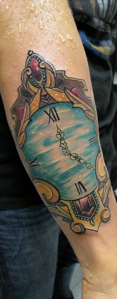 Color Ink Clock Tattoo On Right Arm Sleeve by Daniel Rozo