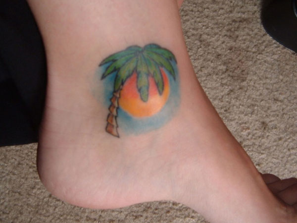 Color Ink Palm Tree Tattoo On Left Foot