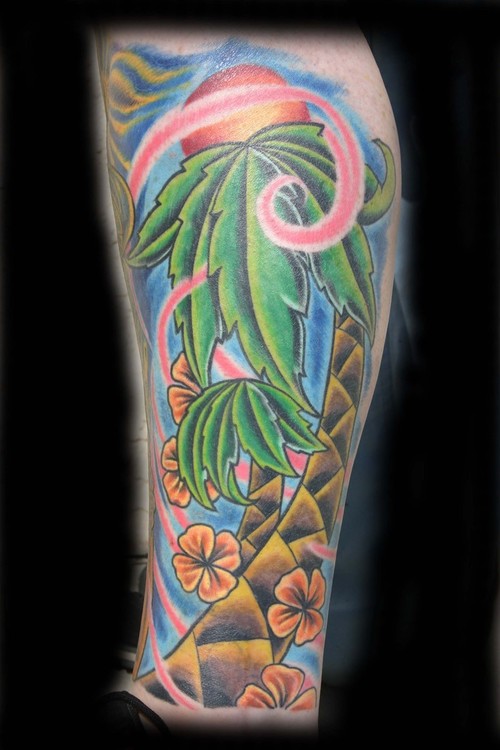 Color Palm Tree Tattoo On Sleeve