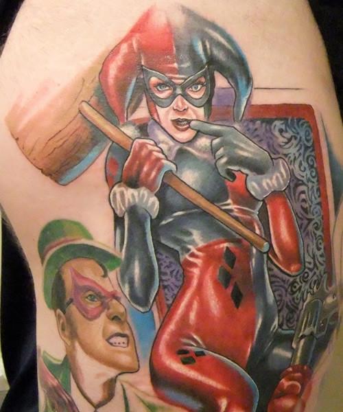Colored Harley Quinn Tattoo On Left Shoulder