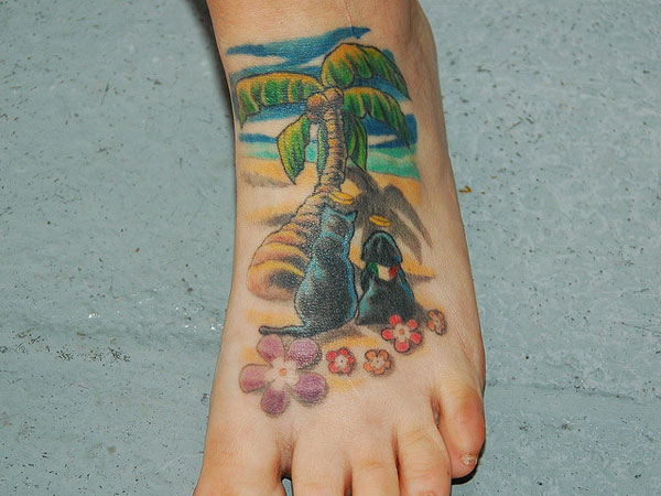 Colored Palm Tree Tattoo On Left Foot