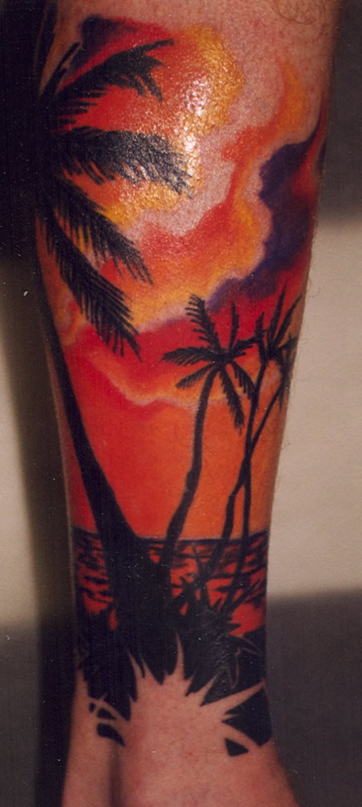 Colored Palm Tree Tattoo On Leg