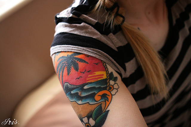 Colored Palm Tree Tattoo On Right Shoulder