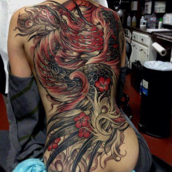 Colored Phoenix Tattoo On Full Back