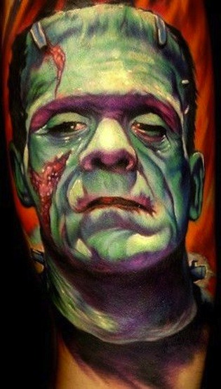 Colorful 3D Frankenstein Tattoo Design For Sleeve