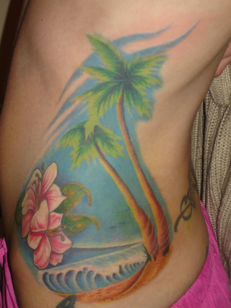 Colorful Beach Palm Tree Tattoo On Side Rib