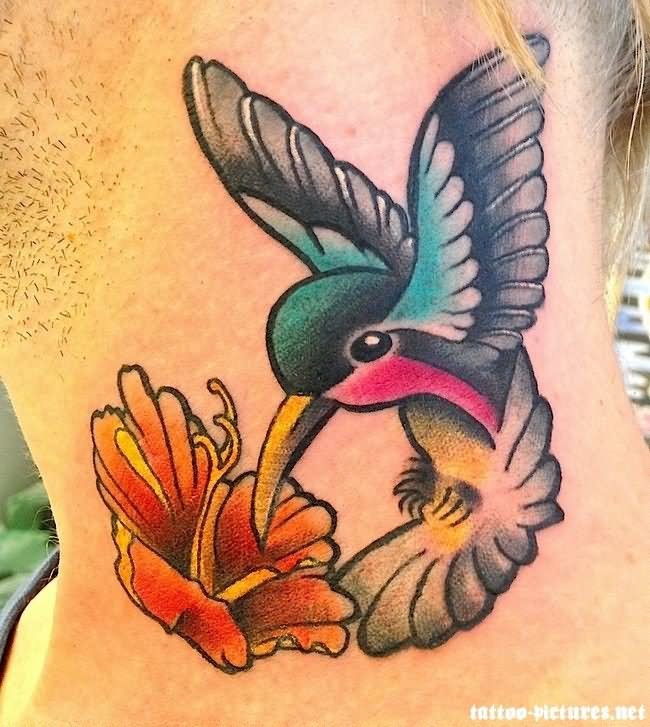 Colorful Flower And Colibri Tattoo On Side Neck