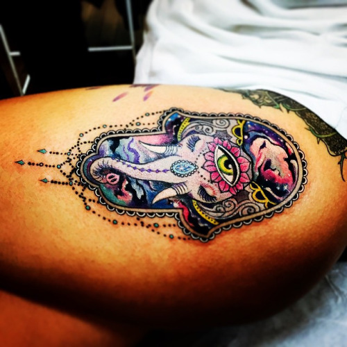 Colorful Hamsa Elephant Tattoo Design For Thigh