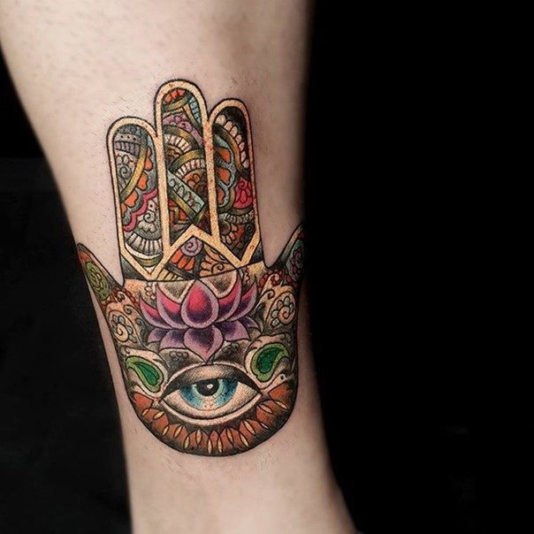 Colorful Hamsa With Lotus Tattoo Design For Sleeve