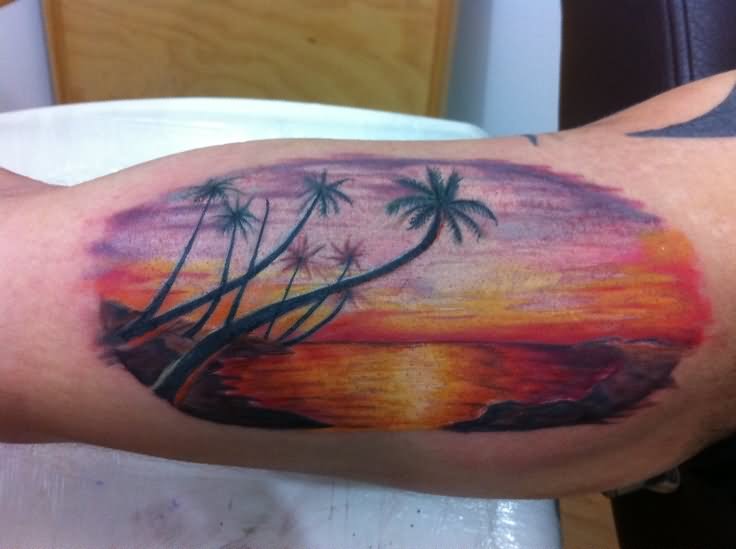 Colorful Palm Tree Sunset Tattoo On Bicep