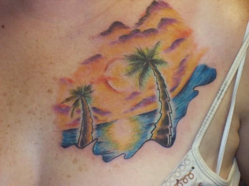 Colorful Palm Tree Tattoo On Front Shoulder