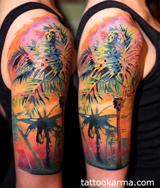Colorful Palm Tree Tattoo On Right Half Sleeve
